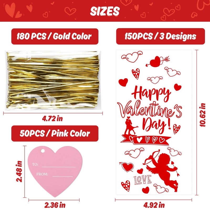 LOKIPA 150 PCS Valentines Cellophane Treat Bags with 50PCS Gift Tags Pink Heart Valentines Gift Goodie Candy Bags with 180 Pieces Twist Ties for Valentines Party Favor Supplies - Image 3