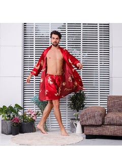 Mens Silk Robe Shorts Set Lightweight Summer Sleepwear Plus Size Red Nightgown Shorts