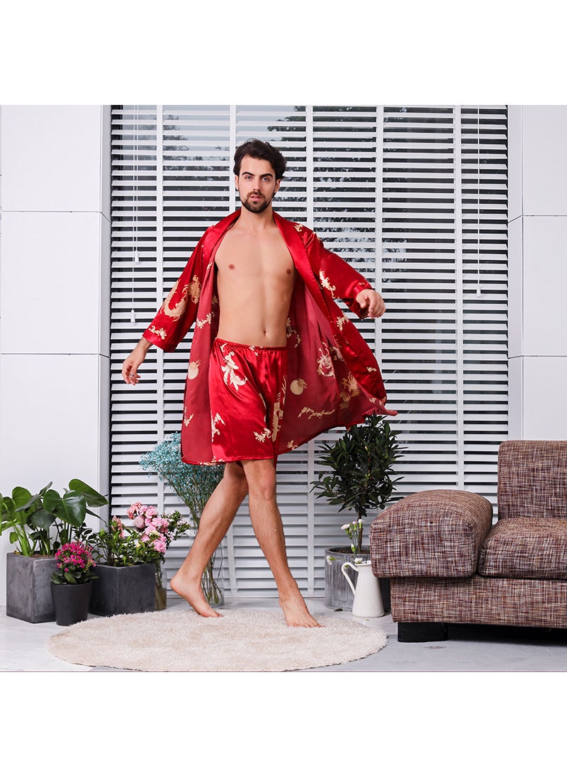 Generic - Mens Silk Robe Shorts Set Lightweight Summer Sleepwear Plus Size Red Nightgown Shorts - Image 1
