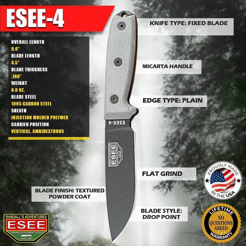 ESEE 4P Survival Knife - Field Tested Fixed Blade Knife with Molded Polymer Sheath & Clip Plate, Full Tang, Plain Edge - Durable Outdoor Camping Blade with Sheath for Survival - Image 2