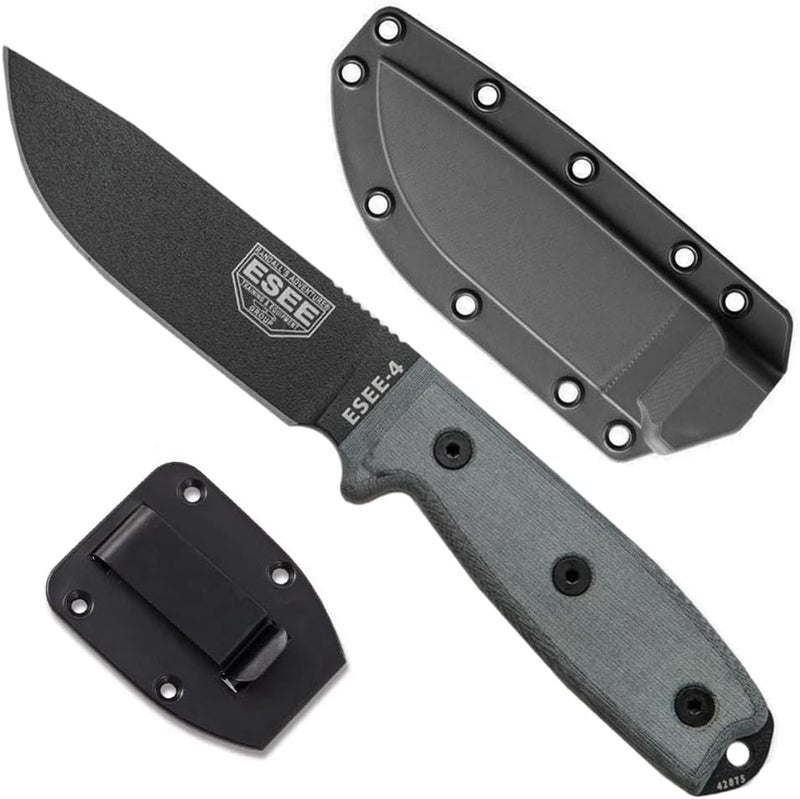 ESEE 4P Survival Knife - Field Tested Fixed Blade Knife with Molded Polymer Sheath & Clip Plate, Full Tang, Plain Edge - Durable Outdoor Camping Blade with Sheath for Survival - Image 1