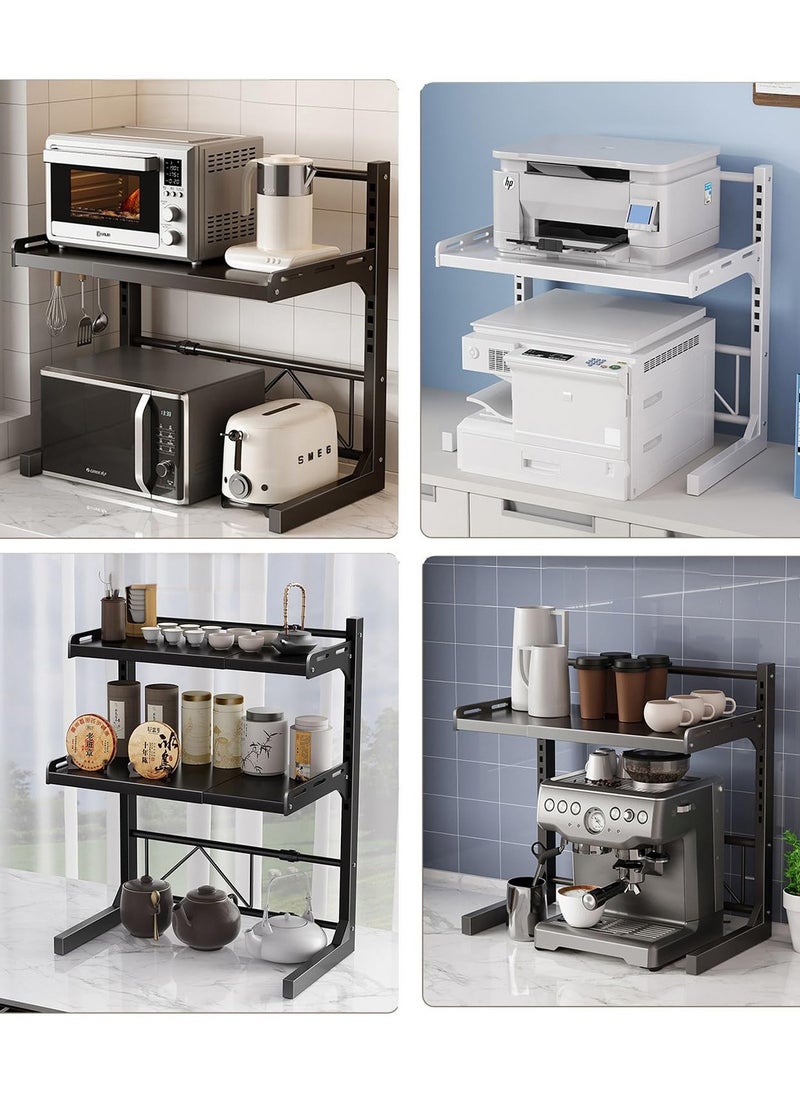 Extendable Microwave Oven Rack Microwave/Toaster Shelf Heavy Duty Stand Kitchen Counter Top Organizer Adjustable Height & Length 3-Tier with 6 Hooks (3 Layers of White)