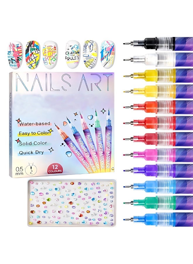 Mordely 12 Colours Nail Art Markers, Water-Based Fine Tip Nail Pens, 0.5 mm Quick Dry Nail Design Pens for DIY Manicure, Nail Drawing, French Lines, Nail Painting and Salon Home Use - Image 1