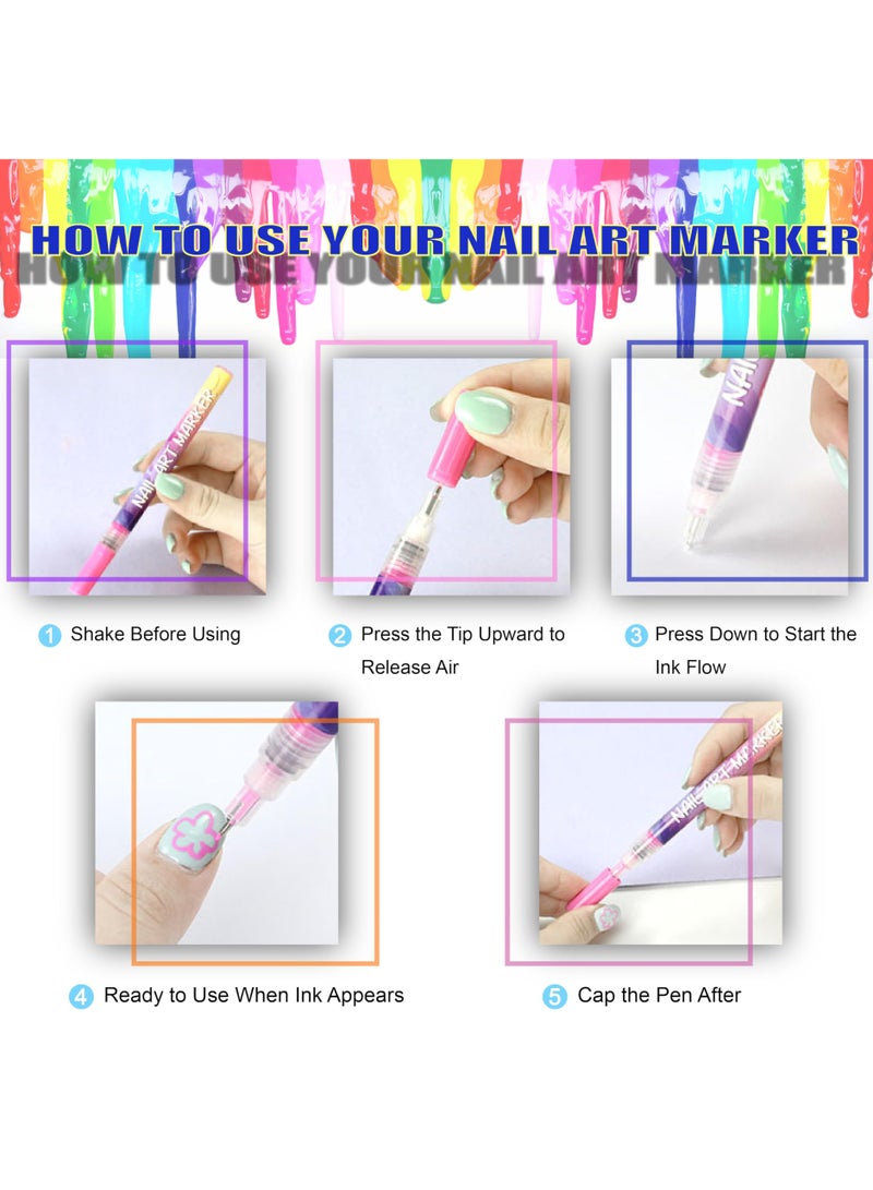 Mordely 12 Colours Nail Art Markers, Water-Based Fine Tip Nail Pens, 0.5 mm Quick Dry Nail Design Pens for DIY Manicure, Nail Drawing, French Lines, Nail Painting and Salon Home Use - Image 2