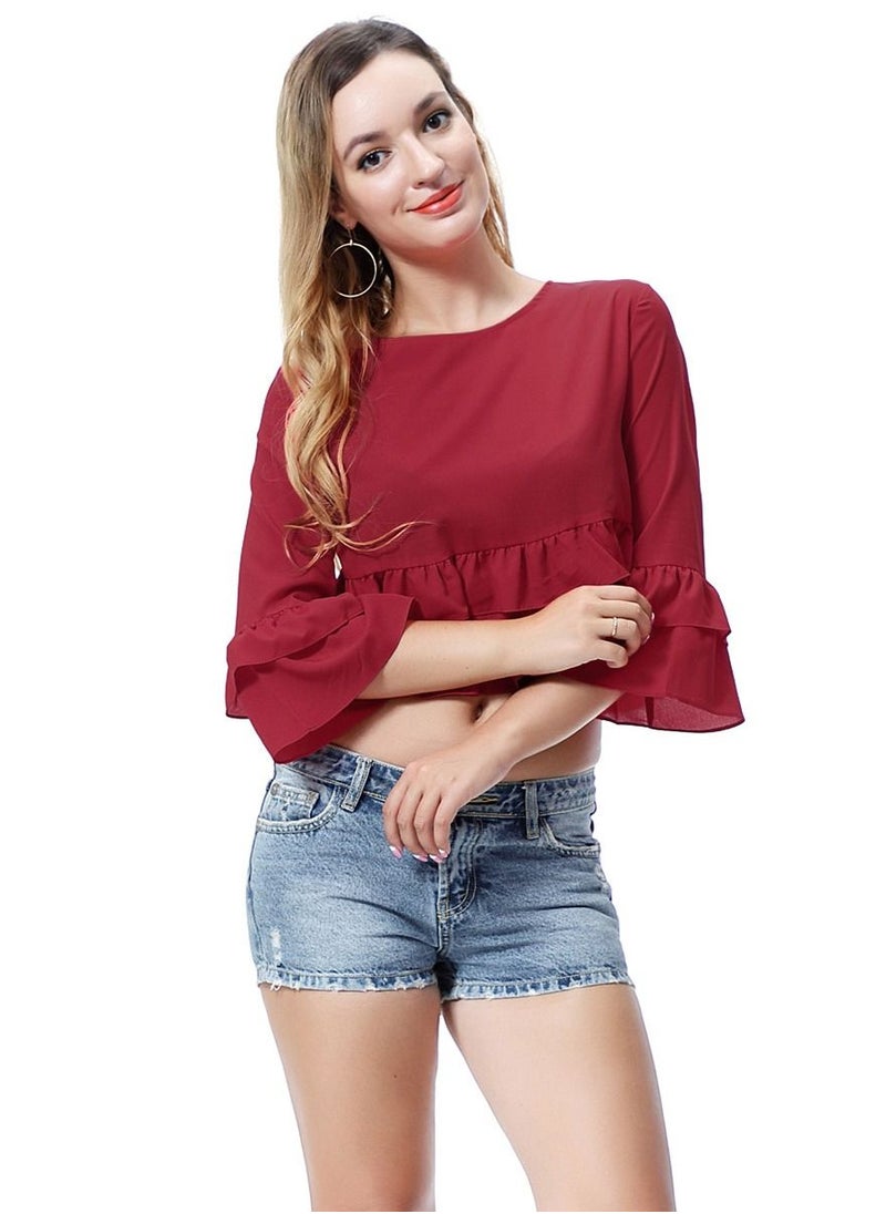 إسكدنيا - Women's Solid Color Round Neck Top Loose Ruffled Blouse Wine Red - Image 1