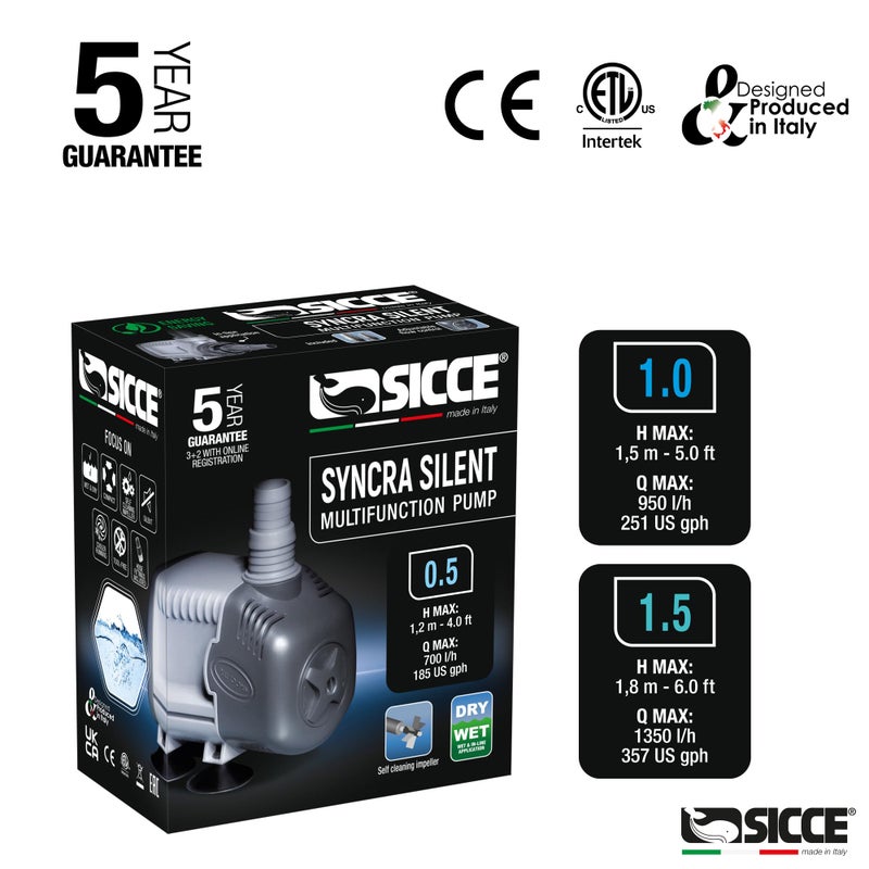 SICCE Syncra Silent 1.0 Multifunction 251 GPH Submersible Water Pump | Italian Made 16W Ultra Quiet Durable Aquarium Fish Tank, Fountain, Pond, Hydroponics, Terrarium Black | Freshwater & Saltwater - Image 4