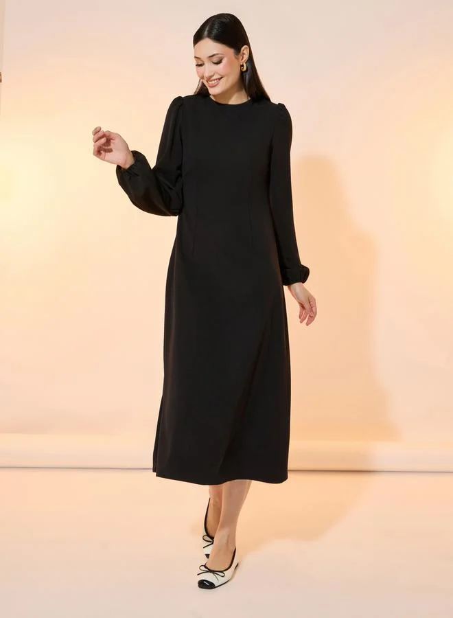 Take Two Solid Round Neck A-Line Midi Dress