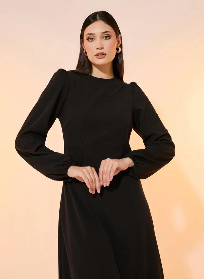 Take Two Solid Round Neck A-Line Midi Dress