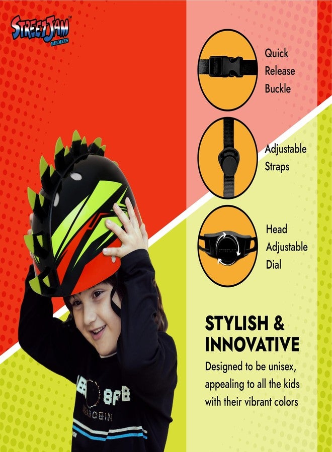 STREETJAM Kids Cycle Helmet, Finhawk Open Face Sports Helmet, Hard PP Outer Shell, EPS Inner Comfort Linner case, Adjustable Strap & Dial, Multi air Vents, Unisex Helmet (8-13 Years, Black(Green, Red) - Image 4