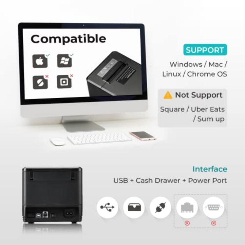 طابعة إيصالات USB مقاس 80 مم، طابعة POS مع قاطع تلقائي ESC/POS يدعم نظام التشغيل Windows Mac فقط واجهة USB - Image 2