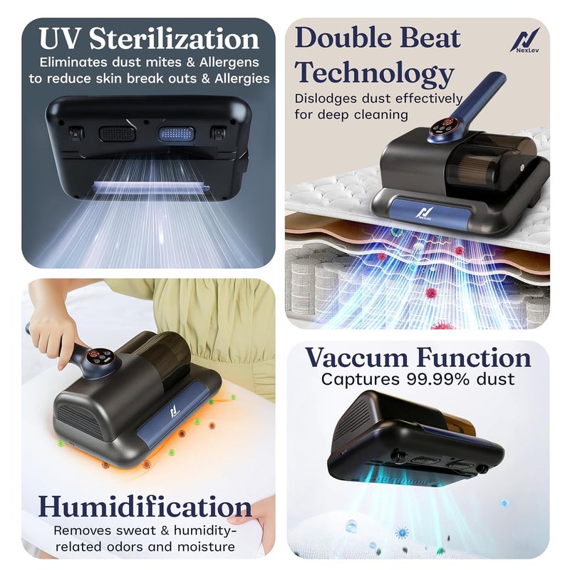 nexlev مكنسة كهربائية للمراتب والأرائك والسجاد ومقاعد السيارات | لإزالة مسببات الحساسية من عث الغبار وشعر الحيوانات الأليفة | تصميم بدون سلك | 1500*3 مللي أمبير | تعقيم بالأشعة فوق البنفسجية، تقنية الضرب المزدوج | نوع C | HEPA تلتقط 99.99% من الغبار | MR-02 - Image 2