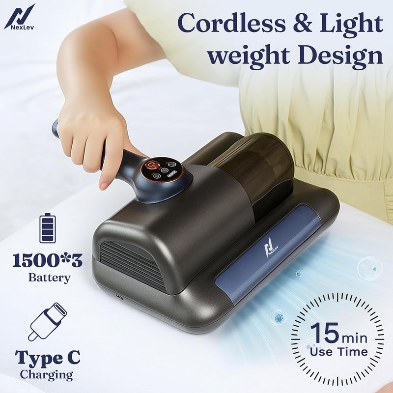 nexlev مكنسة كهربائية للمراتب والأرائك والسجاد ومقاعد السيارات | لإزالة مسببات الحساسية من عث الغبار وشعر الحيوانات الأليفة | تصميم بدون سلك | 1500*3 مللي أمبير | تعقيم بالأشعة فوق البنفسجية، تقنية الضرب المزدوج | نوع C | HEPA تلتقط 99.99% من الغبار | MR-02 - Image 3