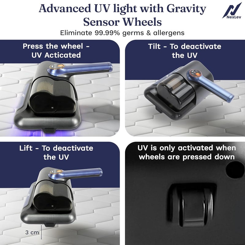nexlev مكنسة كهربائية للمراتب والأرائك والسجاد ومقاعد السيارات | لإزالة مسببات الحساسية من عث الغبار وشعر الحيوانات الأليفة | تصميم بدون سلك | 1500*3 مللي أمبير | تعقيم بالأشعة فوق البنفسجية، تقنية الضرب المزدوج | نوع C | HEPA تلتقط 99.99% من الغبار | MR-02 - Image 4