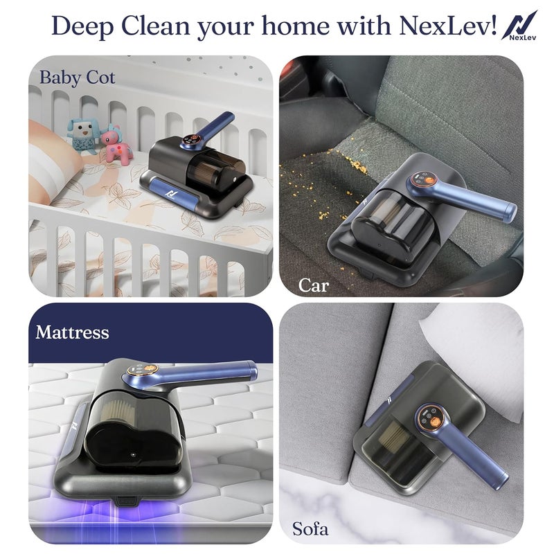nexlev مكنسة كهربائية للمراتب والأرائك والسجاد ومقاعد السيارات | لإزالة مسببات الحساسية من عث الغبار وشعر الحيوانات الأليفة | تصميم بدون سلك | 1500*3 مللي أمبير | تعقيم بالأشعة فوق البنفسجية، تقنية الضرب المزدوج | نوع C | HEPA تلتقط 99.99% من الغبار | MR-02 - Image 5
