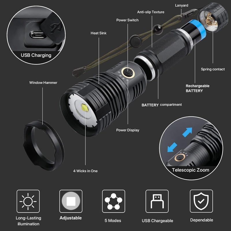 proxin Rechargeable Flashlight 90000 High Lumen Tactical Flashlights LED Handheld Flashlights Bright Flashlight with 5 Modes Waterproof Zoomable for Camping Outdoor Hiking Emergencies - Image 2