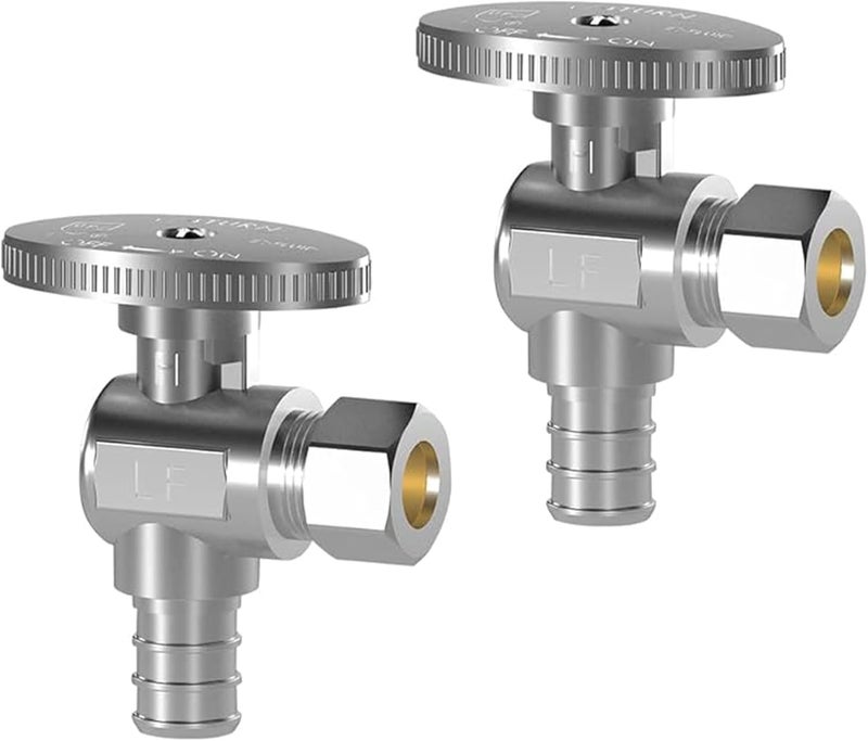 Hourleey صمام إيقاف الزاوية 2 عبوة، صمام إيقاف المياه 1/2" PEX x 3/8" OD ضغط، صمام نحاسي مطلي بالكروم بربع دورة - Image 1