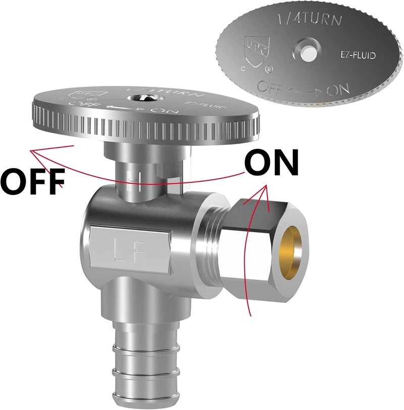 Hourleey صمام إيقاف الزاوية 2 عبوة، صمام إيقاف المياه 1/2" PEX x 3/8" OD ضغط، صمام نحاسي مطلي بالكروم بربع دورة - Image 3