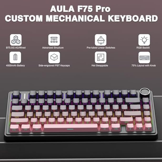 rayihni F75 PRO MECHANICAL KEYBOARD GAMING, 2.4 GHZ/TYPE-C/BT5.0 MECHANICAL KEYBOARD, SIDE ENGRAVED, FIVE LAYER PADDING STRUCTURE, QWERTY, HOT-SWAP WIRELESS GAMING KEYBOARD 75 PERCENT (PINK) - Image 2