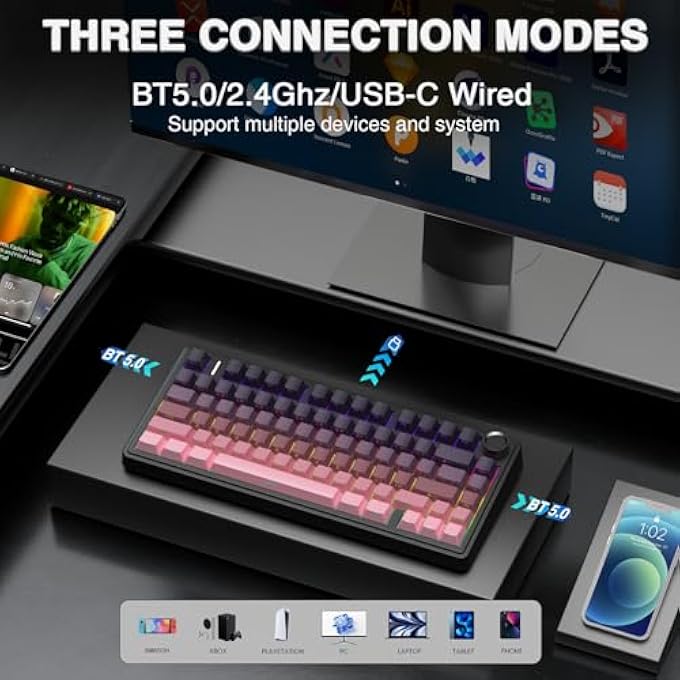 rayihni F75 PRO MECHANICAL KEYBOARD GAMING, 2.4 GHZ/TYPE-C/BT5.0 MECHANICAL KEYBOARD, SIDE ENGRAVED, FIVE LAYER PADDING STRUCTURE, QWERTY, HOT-SWAP WIRELESS GAMING KEYBOARD 75 PERCENT (PINK) - Image 3