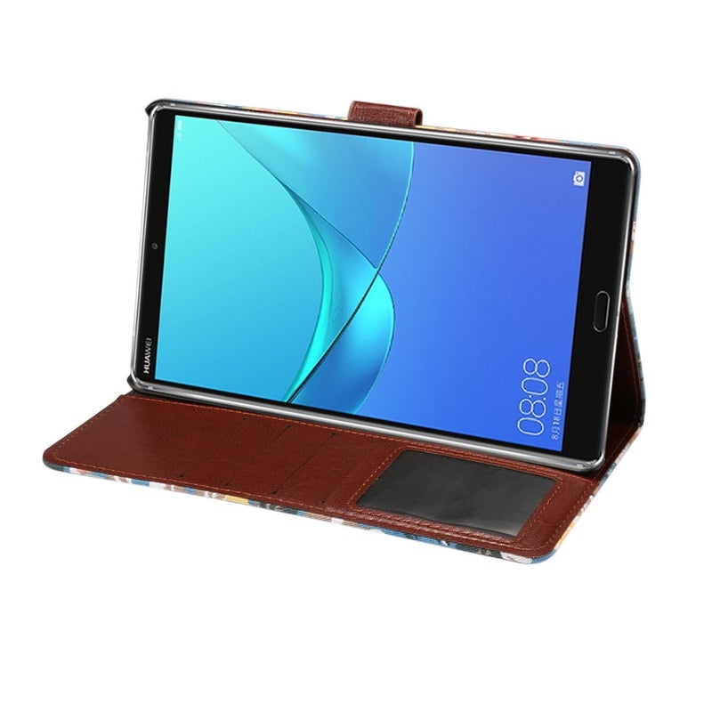 ديبايس جراب من الجلد الصناعي بنمط زهور لهاتف Huawei Mediapad M5 مقاس 8.4 بوصة مع حامل وفتحات للبطاقات ومحفظة ووظيفة السكون/الاستيقاظ (أزرق) - Image 5