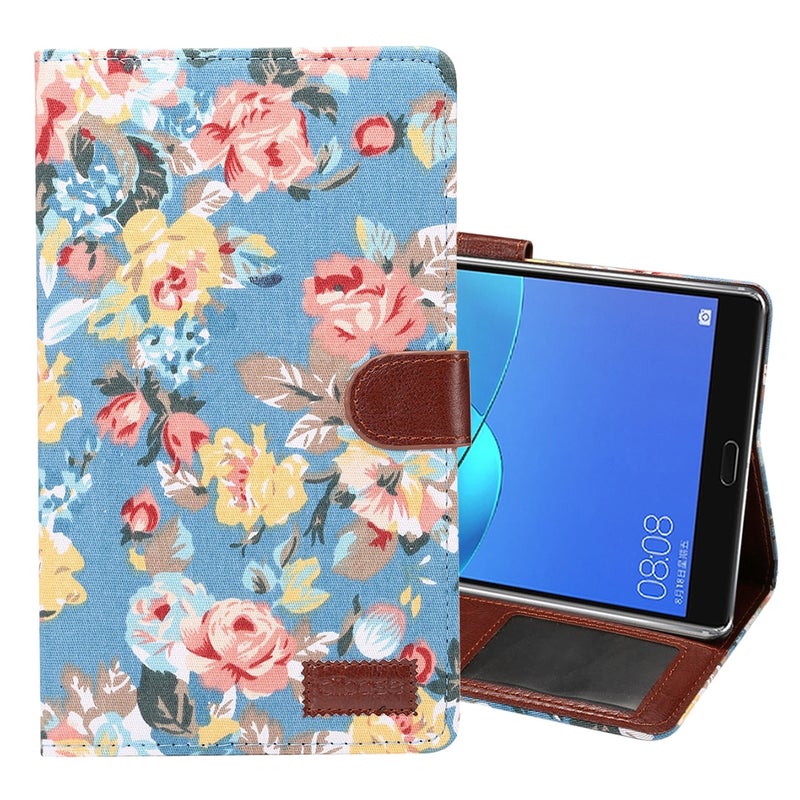 ديبايس جراب من الجلد الصناعي بنمط زهور لهاتف Huawei Mediapad M5 مقاس 8.4 بوصة مع حامل وفتحات للبطاقات ومحفظة ووظيفة السكون/الاستيقاظ (أزرق) - Image 1