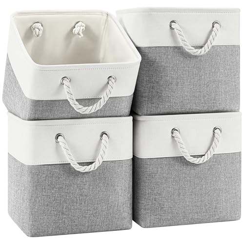 Patvingot 11 Inch Cube Storage Bins 4 Pack Fabric Storage Cubes with Rope Handles Organizer Baskets for Closet Shelves Clothes and Home OrganizationWhiteGray - Image 1