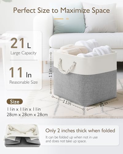 Patvingot 11 Inch Cube Storage Bins 4 Pack Fabric Storage Cubes with Rope Handles Organizer Baskets for Closet Shelves Clothes and Home OrganizationWhiteGray - Image 3
