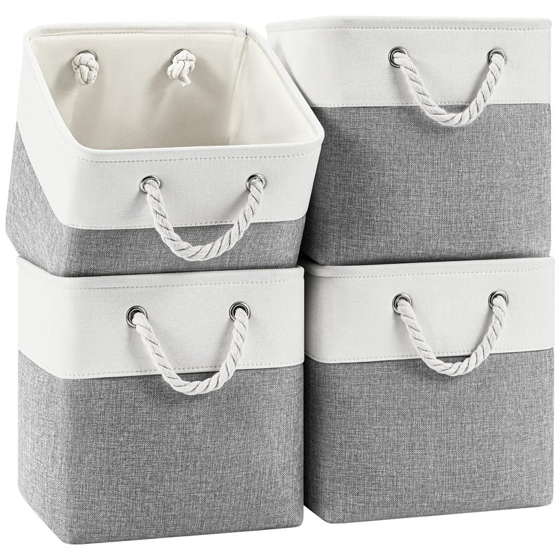 Patvingot 11 Inch Cube Storage Bins 4 Pack Fabric Storage Cubes with Rope Handles Organizer Baskets for Closet Shelves Clothes and Home OrganizationWhiteGray - Image 2