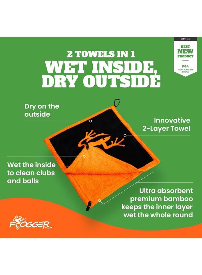 Frogger Amphibian 2-in-1 Golf Towel with Wet and Dry Technology, Green, Premium Golf Bag Accessory with Carabiner Clip, Ultra Absorbent, for Golf Dads - Image 2