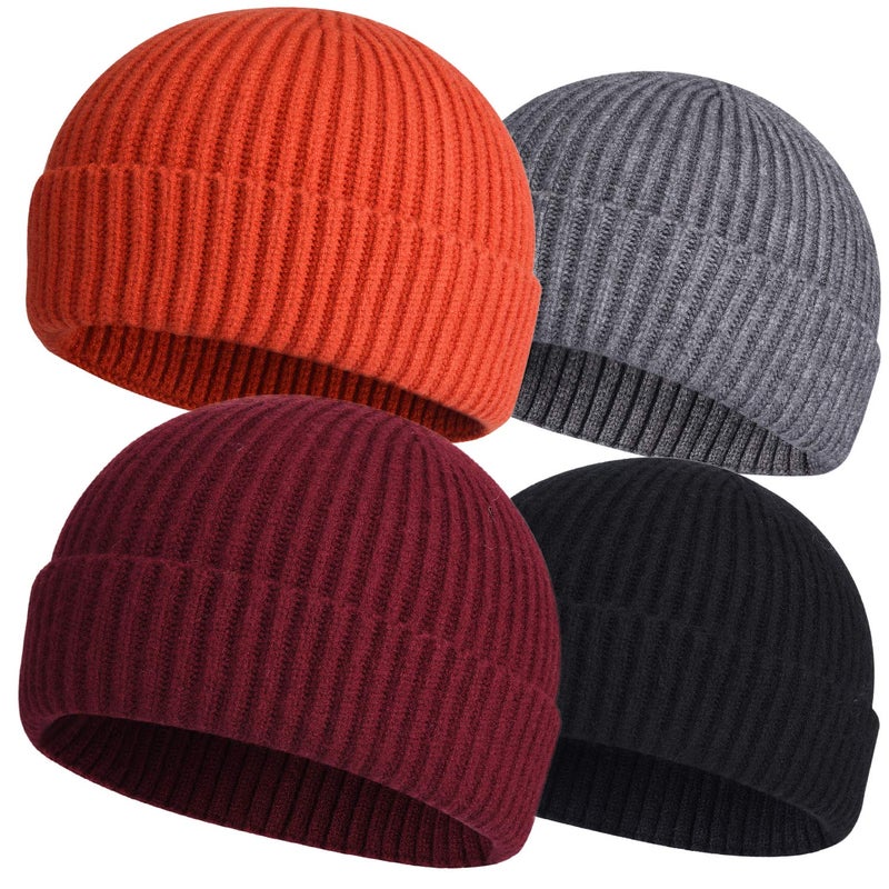 Roybens 4pcs Wool Fisherman Beanies for Men, Knit Short Watch Cap Winter Warm Hats - Image 1