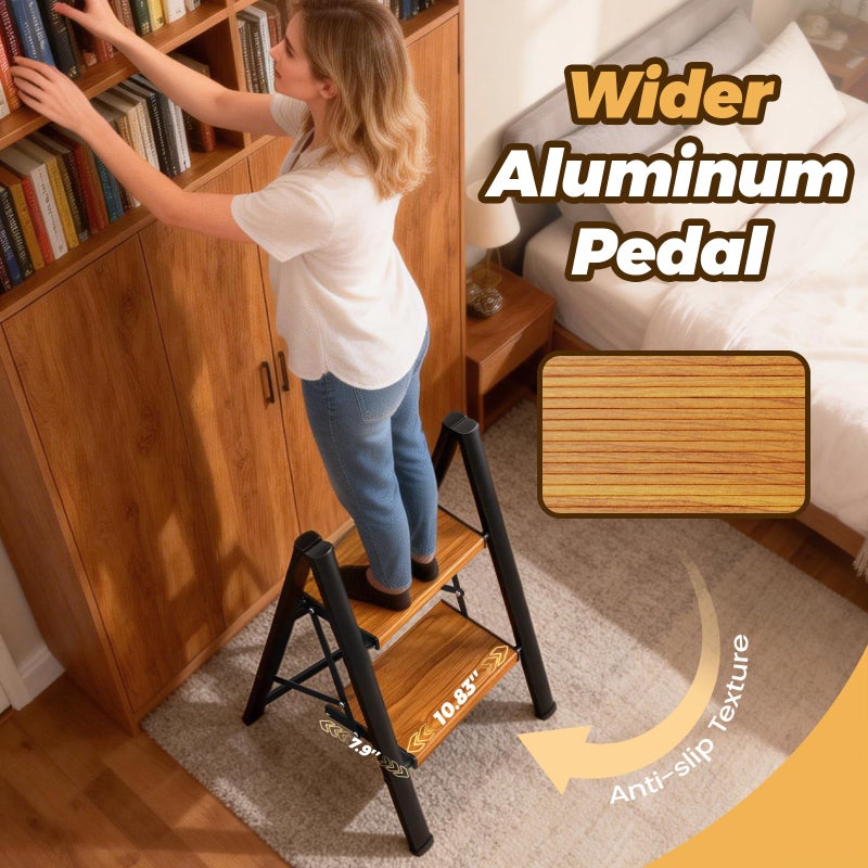 HBTower Step Ladder,Lightweight Aluminum Folding Step Stool with Anti-Slip Wide Pedal,330lbs Capacity Step Ladder for Household,Kitchen,Office - BlackWoodgrain - Image 2