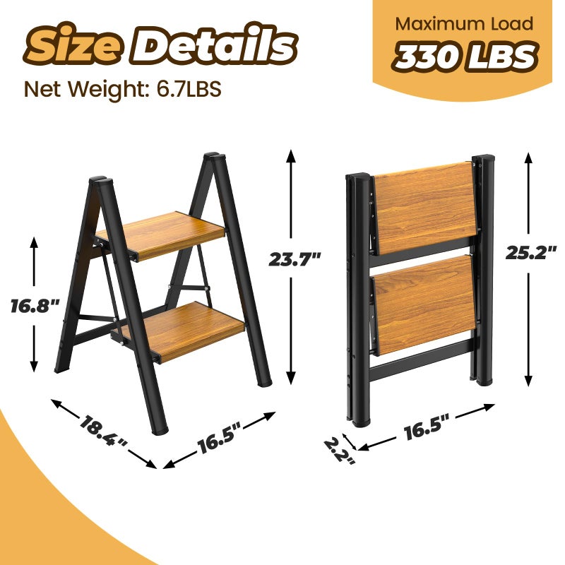 HBTower Step Ladder,Lightweight Aluminum Folding Step Stool with Anti-Slip Wide Pedal,330lbs Capacity Step Ladder for Household,Kitchen,Office - BlackWoodgrain - Image 5