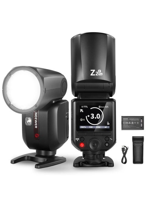 فلاش Z2PRO-C TTL احترافي متوافق مع كاميرات نيكون DSLR، قدرة 76Ws، إضاءة قوية، تدوير 330°، بطارية 3000mAh، شحن سريع، نظام لاسلكي 2.4G، فلاش HSS، مناسب للكاميرات ذات الحذاء الساخن