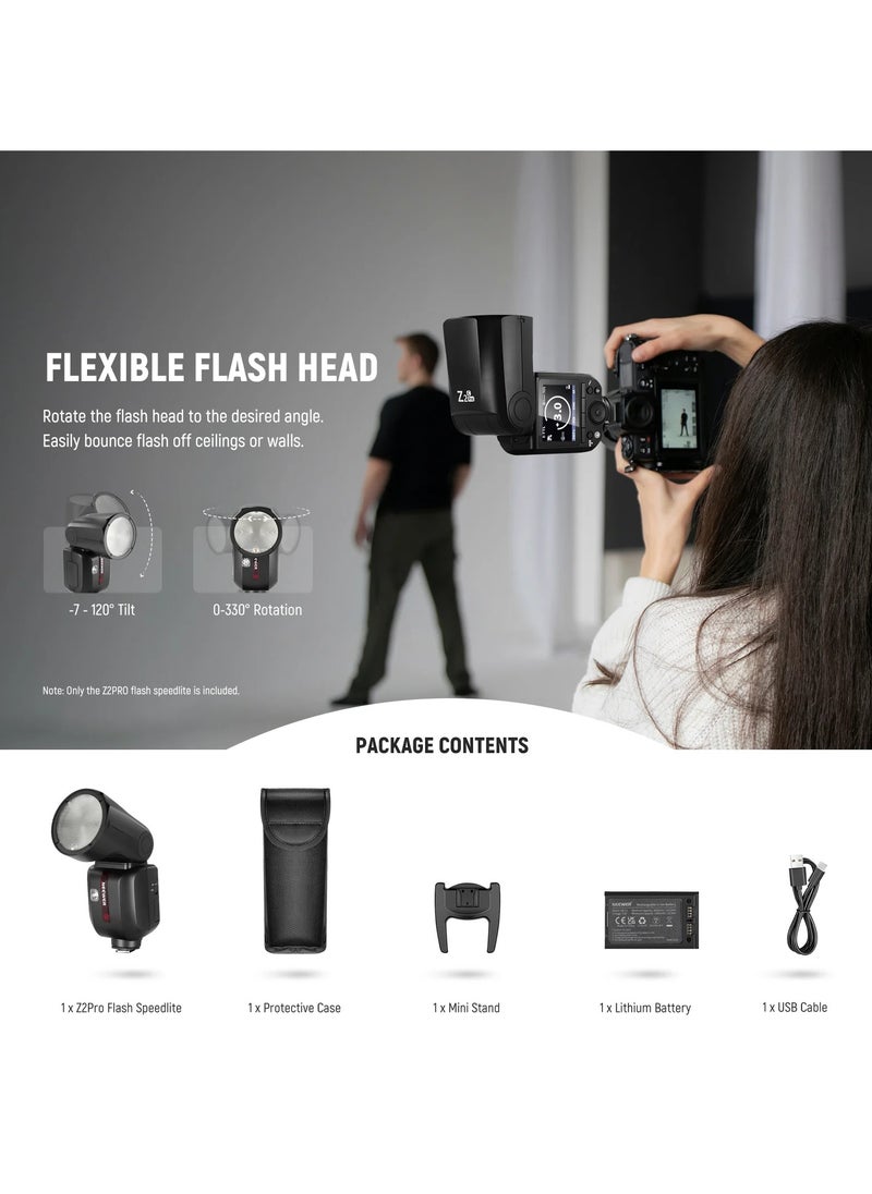 فلاش Z2PRO-C TTL احترافي متوافق مع كاميرات نيكون DSLR، قدرة 76Ws، إضاءة قوية، تدوير 330°، بطارية 3000mAh، شحن سريع، نظام لاسلكي 2.4G، فلاش HSS، مناسب للكاميرات ذات الحذاء الساخن