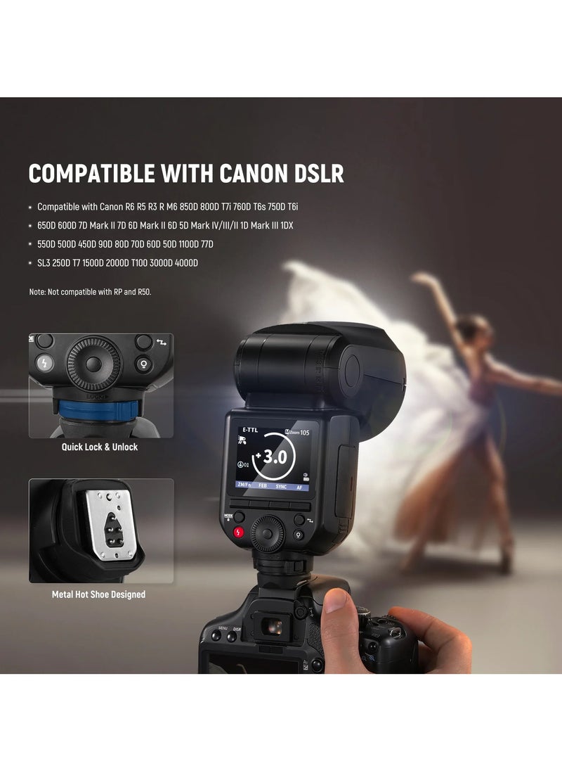 فلاش Z2PRO-C TTL احترافي متوافق مع كاميرات نيكون DSLR، قدرة 76Ws، إضاءة قوية، تدوير 330°، بطارية 3000mAh، شحن سريع، نظام لاسلكي 2.4G، فلاش HSS، مناسب للكاميرات ذات الحذاء الساخن