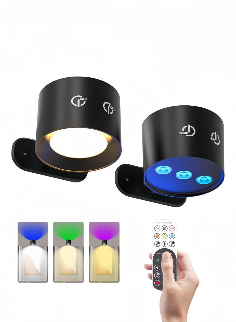 Rechargeable Wireless Remote Control Double-Sided Wall Light, Magnetic 360° Rotating Reading Light, 3-Color Light & 3 RGB Dimming Options – Suitable for Home, Bedroom, Hallway, Studio, Black - Image 1