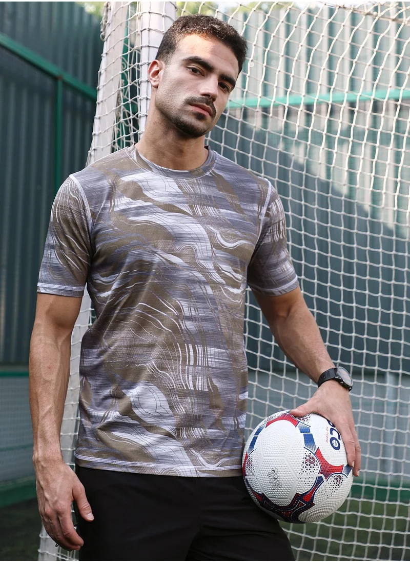 Campus Sutra Campus Sutra Men's Tan Brown & Coin Grey Lined-Dye Activewear T-Shirt For Casual Wear | Crew Neck | Short Sleeves | Jersey T-Shirt Crafted With Comfort Fit For Everyday Wear