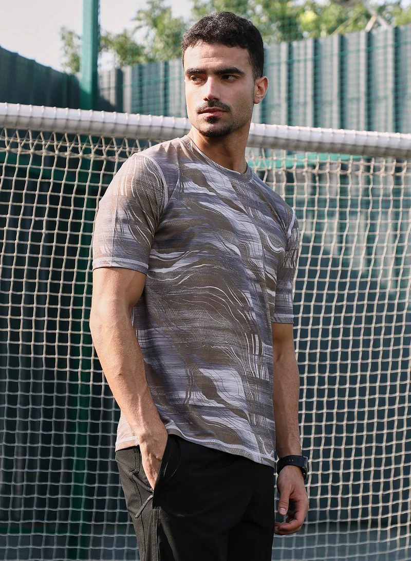 Campus Sutra Campus Sutra Men's Tan Brown & Coin Grey Lined-Dye Activewear T-Shirt For Casual Wear | Crew Neck | Short Sleeves | Jersey T-Shirt Crafted With Comfort Fit For Everyday Wear