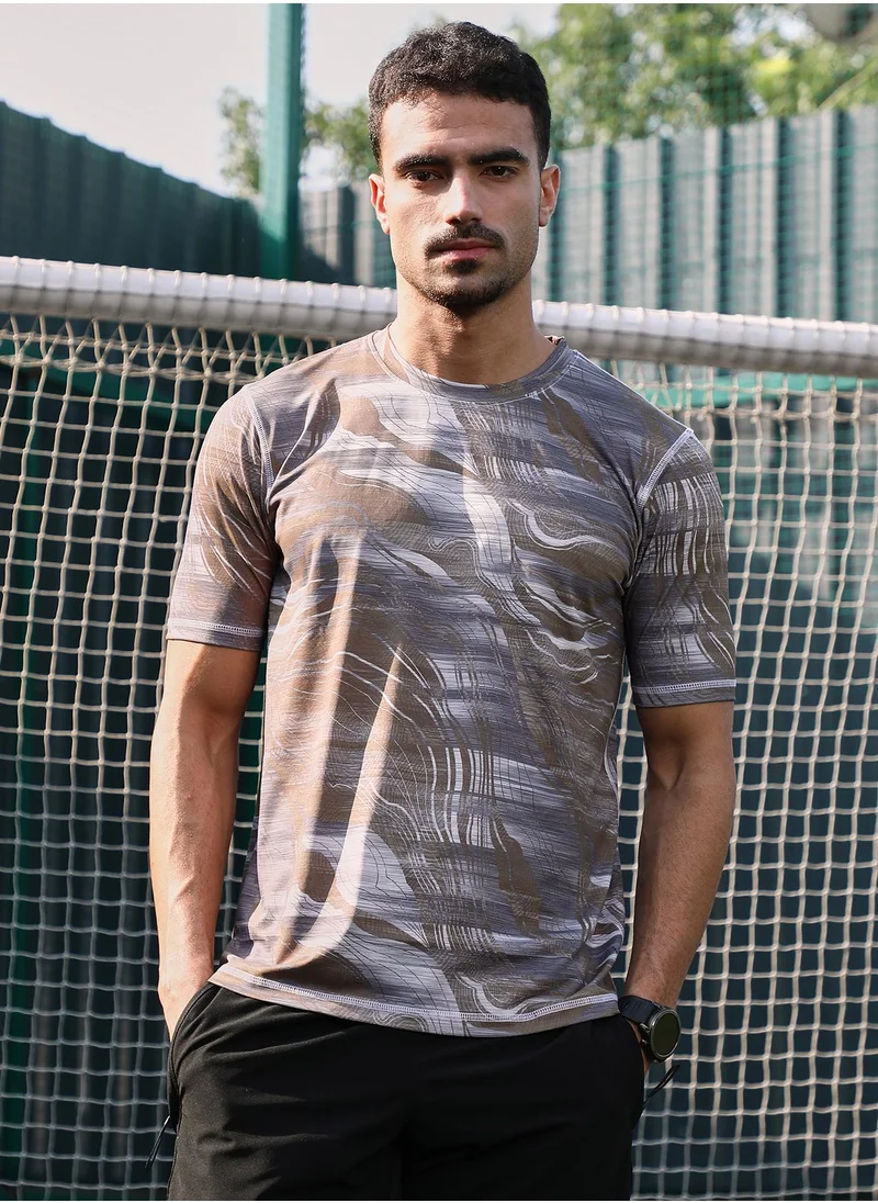 Campus Sutra Campus Sutra Men's Tan Brown & Coin Grey Lined-Dye Activewear T-Shirt For Casual Wear | Crew Neck | Short Sleeves | Jersey T-Shirt Crafted With Comfort Fit For Everyday Wear