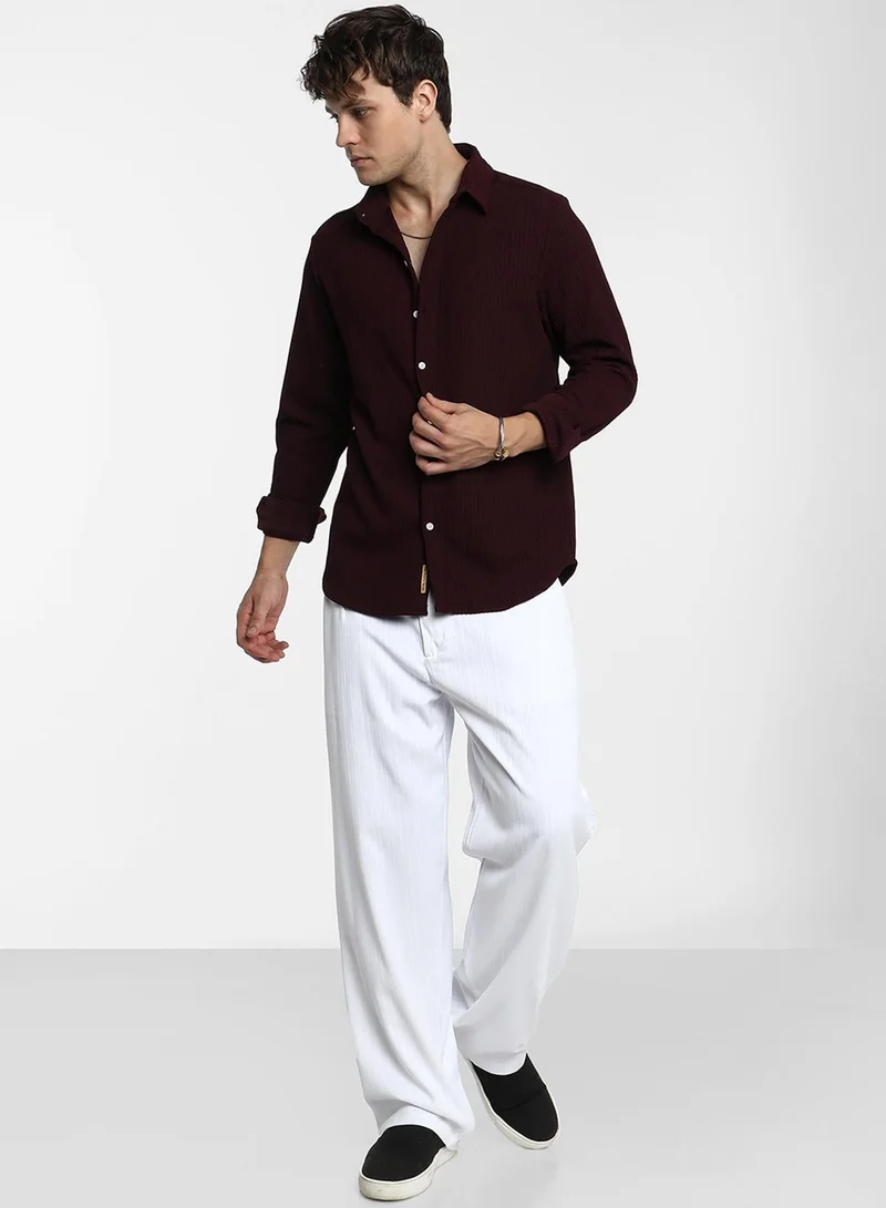 Campus Sutra  Men's Maroon Red Stripe-Creased Shirt For Casual Wear | Spread Collar | Long Sleeve | Button Closure | Shirt Crafted With Comfort Fit For Everyday Wear for Men | Best Price UAE