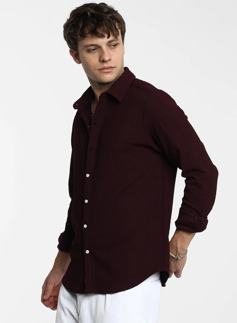 Campus Sutra  Men's Maroon Red Stripe-Creased Shirt For Casual Wear | Spread Collar | Long Sleeve | Button Closure | Shirt Crafted With Comfort Fit For Everyday Wear for Men | Best Price UAE