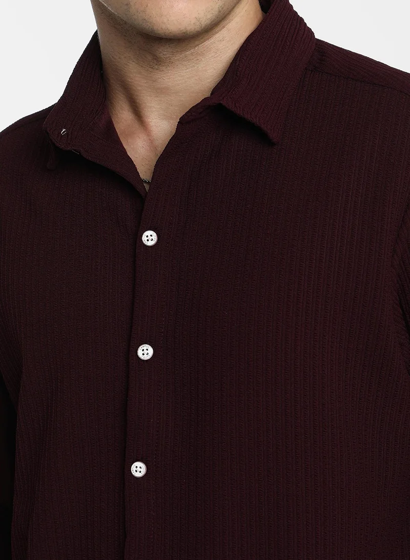 Campus Sutra  Men's Maroon Red Stripe-Creased Shirt For Casual Wear | Spread Collar | Long Sleeve | Button Closure | Shirt Crafted With Comfort Fit For Everyday Wear for Men | Best Price UAE