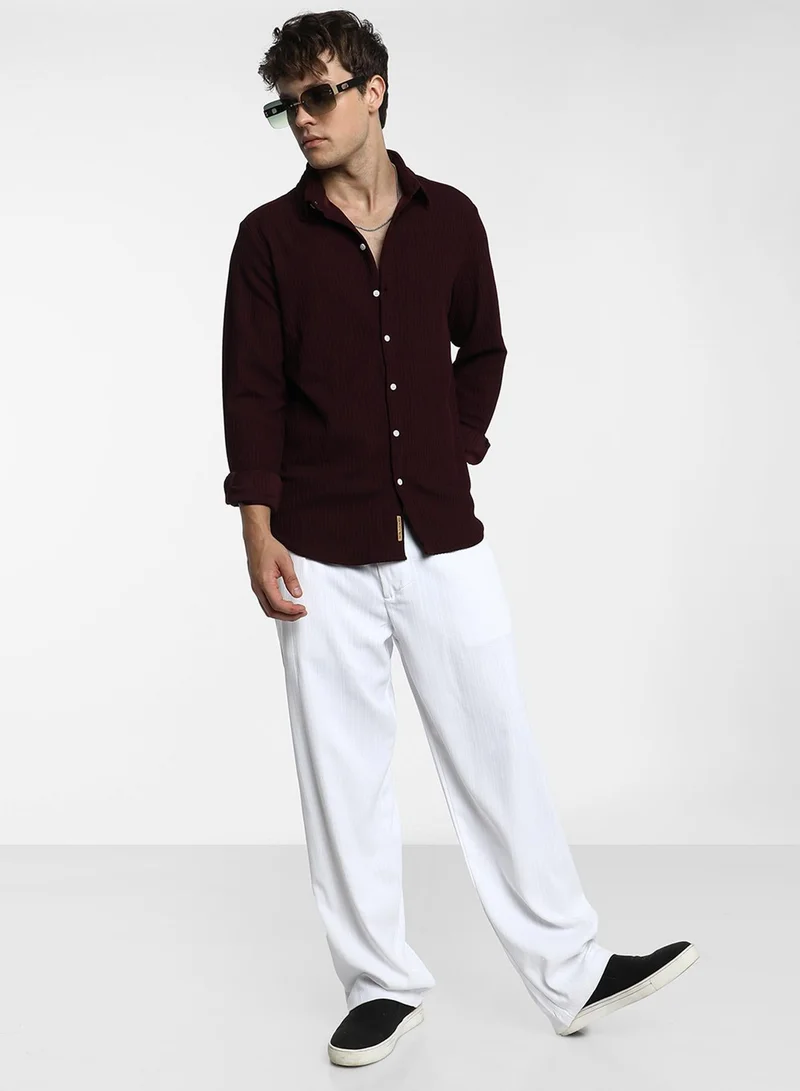 Campus Sutra  Men's Maroon Red Stripe-Creased Shirt For Casual Wear | Spread Collar | Long Sleeve | Button Closure | Shirt Crafted With Comfort Fit For Everyday Wear for Men | Best Price UAE