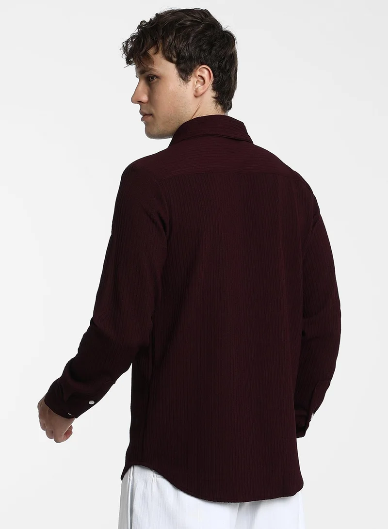 Campus Sutra  Men's Maroon Red Stripe-Creased Shirt For Casual Wear | Spread Collar | Long Sleeve | Button Closure | Shirt Crafted With Comfort Fit For Everyday Wear for Men | Best Price UAE