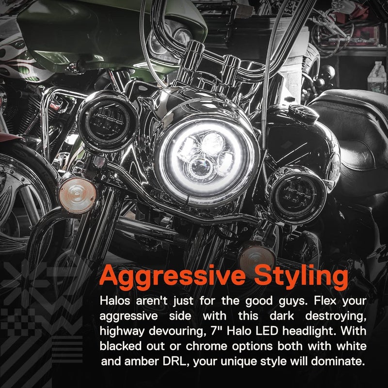 ONLINE LED STORE TRUE MODS 7" LED Headlight for Harley Davidson with Black Mounting Bracket [HALO DRL] H4 Adapter - Image 2