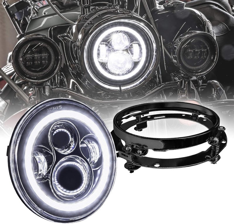 ONLINE LED STORE TRUE MODS 7" LED Headlight for Harley Davidson with Black Mounting Bracket [HALO DRL] H4 Adapter - Image 1