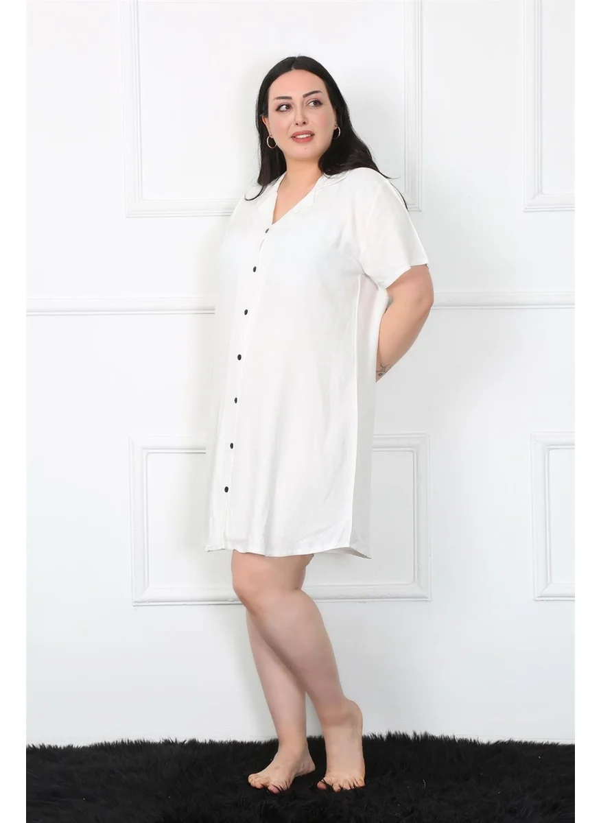 اكبينيز Large Size Woven Buttoned White Tunic Nightgown 1022