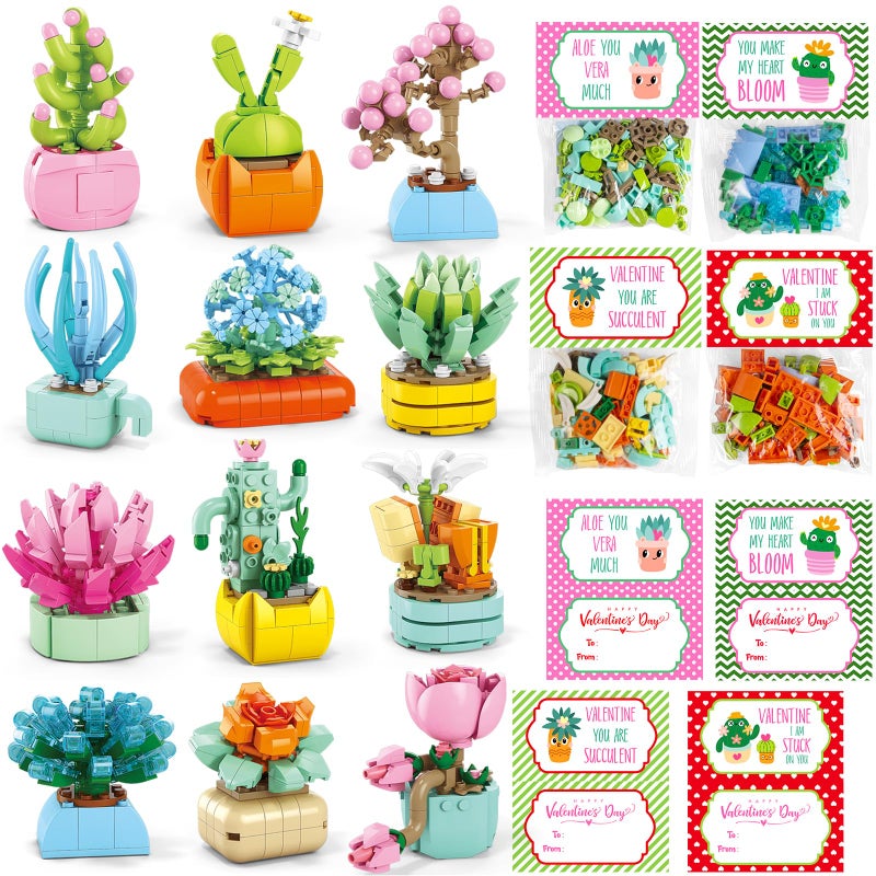 Qinline 24 Pack Valentines Day Gifts for Kids 6-12  Succulents Flower Bouquets Building Blocks with Gift Cards for School Classroom  Boy Girl Class Valentine Party Favors Exchange Gift Goodie Bag Stuffers - Image 1