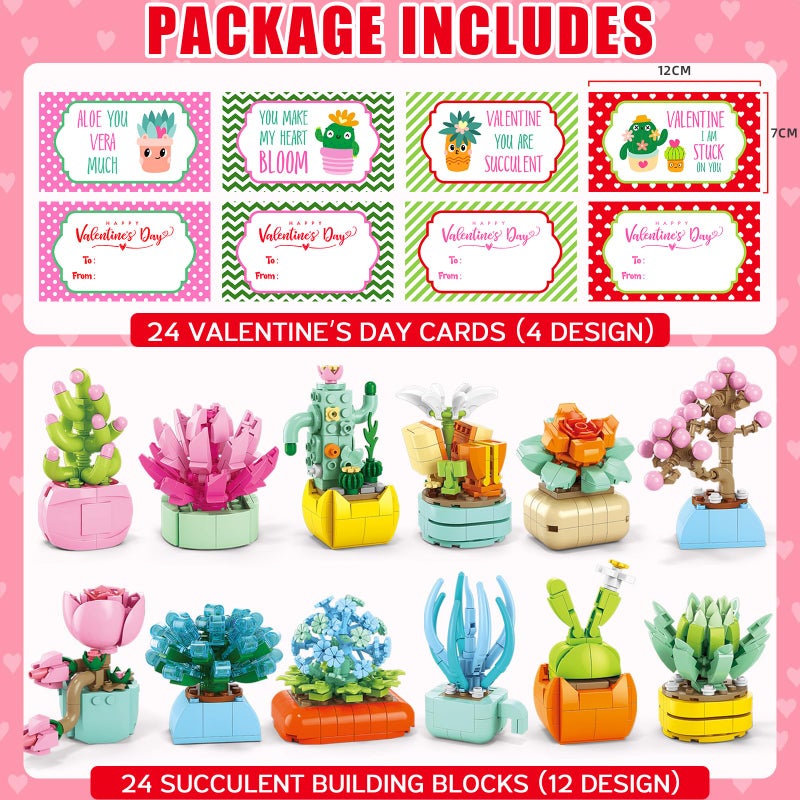Qinline 24 Pack Valentines Day Gifts for Kids 6-12  Succulents Flower Bouquets Building Blocks with Gift Cards for School Classroom  Boy Girl Class Valentine Party Favors Exchange Gift Goodie Bag Stuffers - Image 2