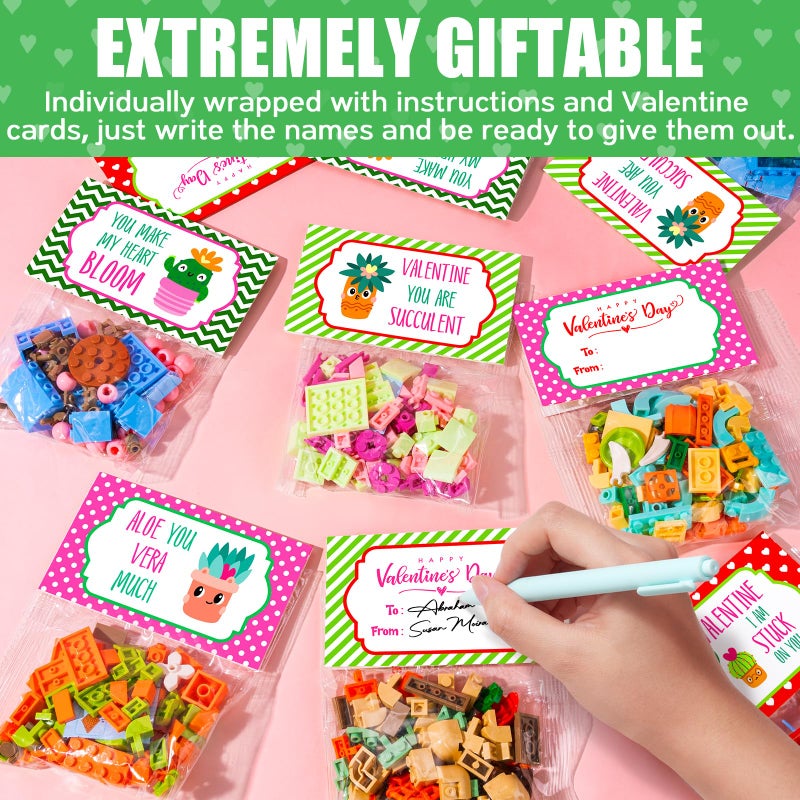 Qinline 24 Pack Valentines Day Gifts for Kids 6-12  Succulents Flower Bouquets Building Blocks with Gift Cards for School Classroom  Boy Girl Class Valentine Party Favors Exchange Gift Goodie Bag Stuffers - Image 3